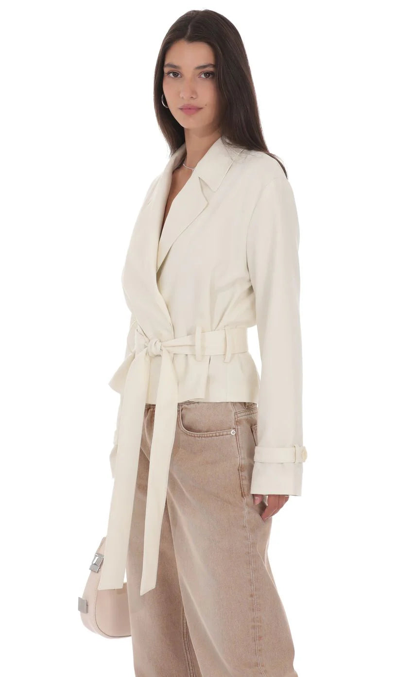 Belted Short Trench Coat in Ivory