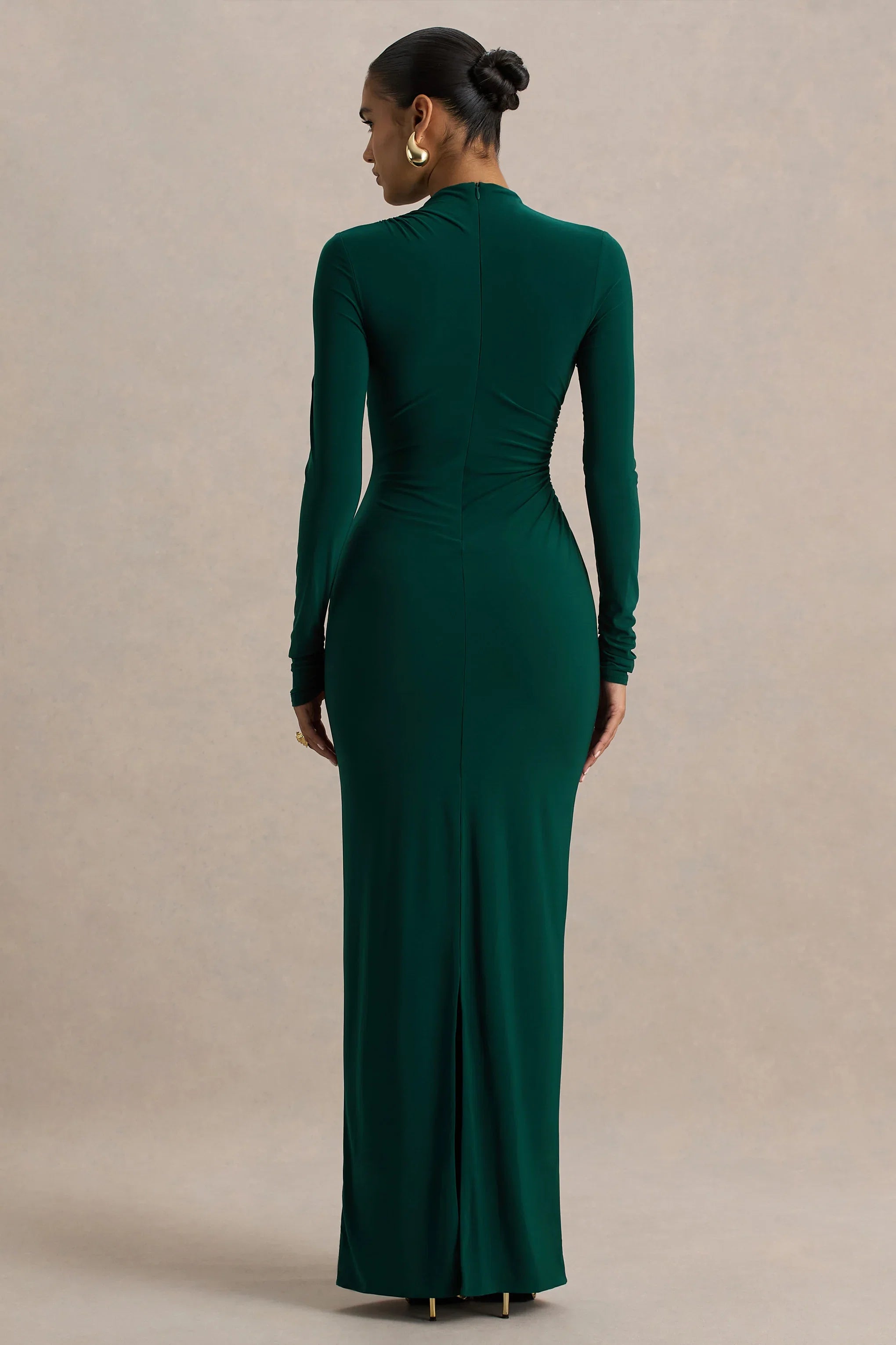 Eden Bottle Green High Neck Maxi Dress With Ruched Detailing