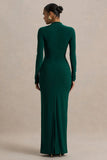 Eden Bottle Green High Neck Maxi Dress With Ruched Detailing