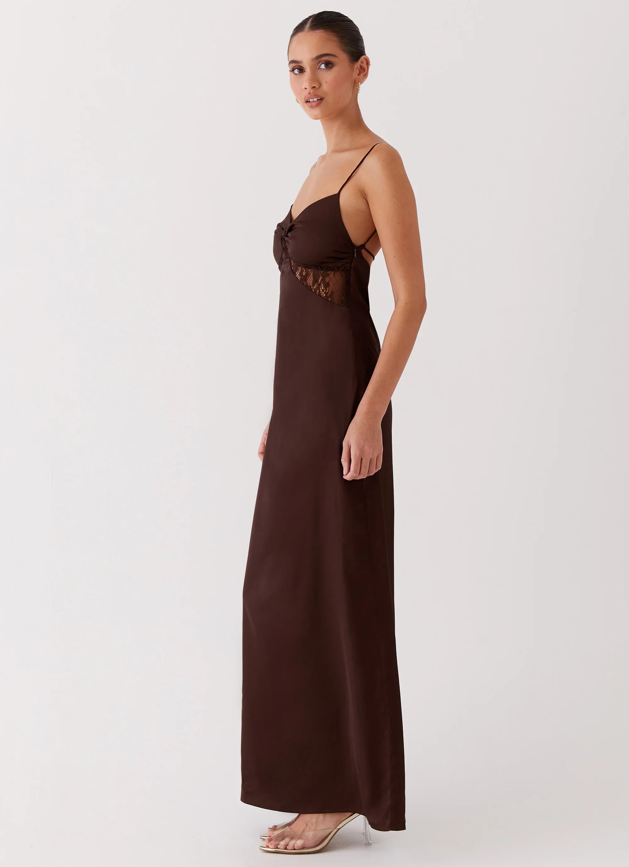 Dream Sight Lace Satin Maxi Dress Chocolate
