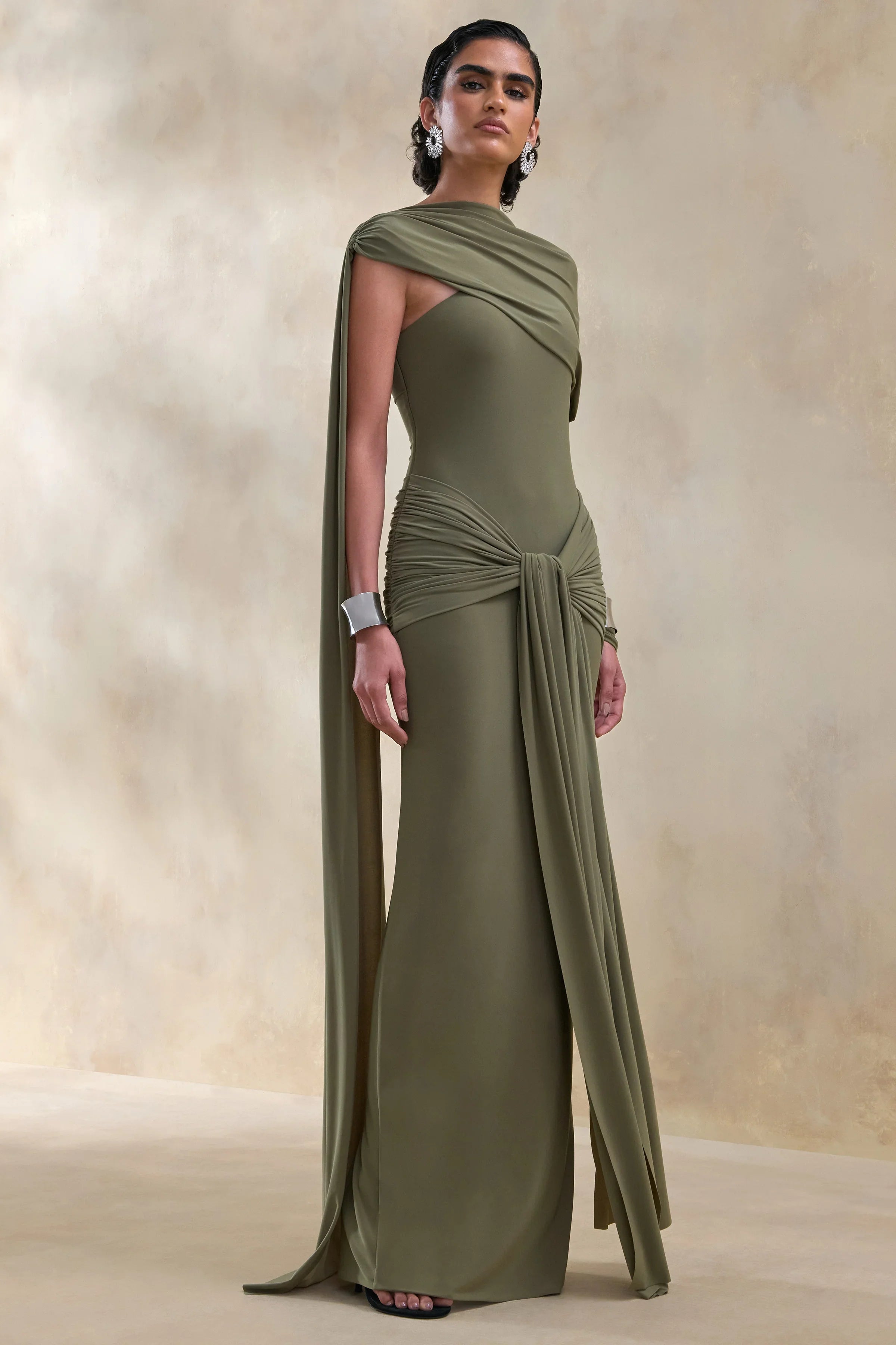 Trisara Olive Asymmetric Neck Maxi Dress With Gathered Detailing And Sash