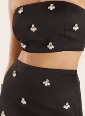 Black Satin Embellished Bandeau Crop Top
