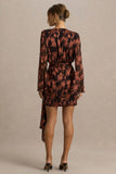 Lindsey Black And Rust Plunge Neck Wrap Mini Dress With Bell Sleeves And Sash Detail