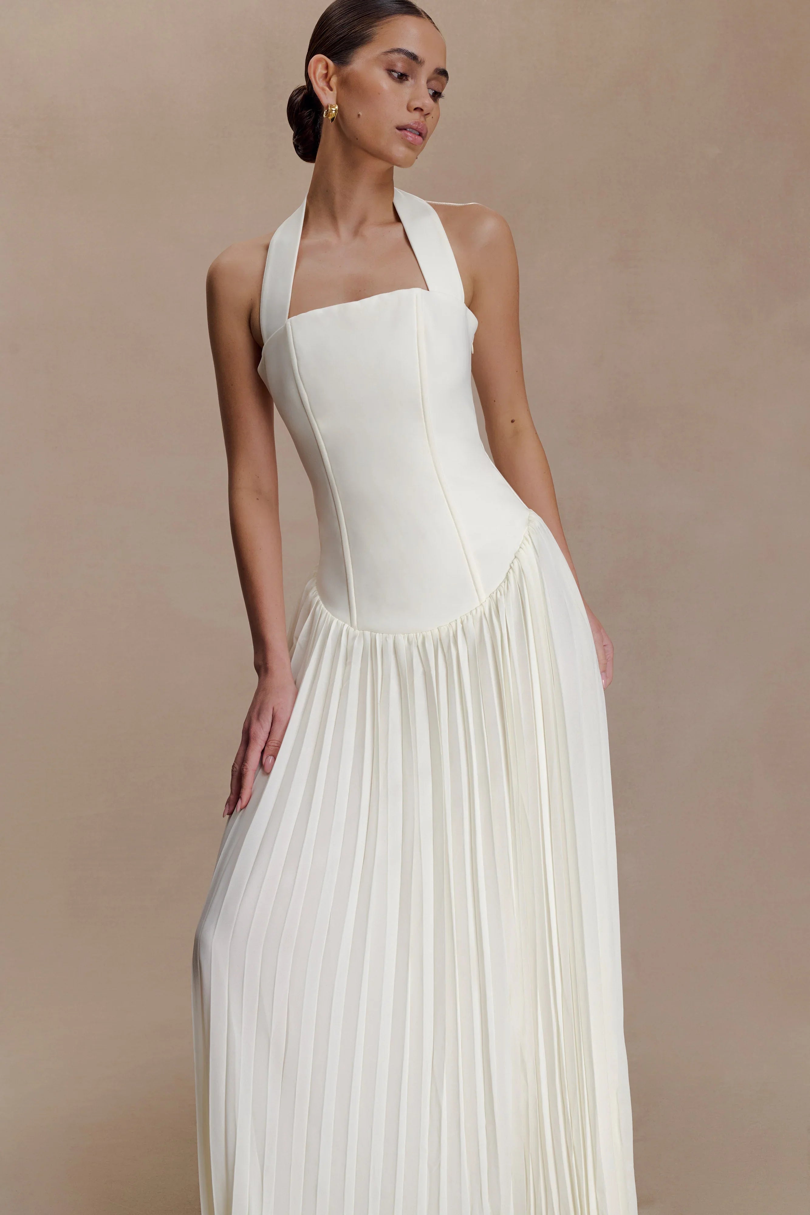 Stacie Pleated Halter Maxi Dress Ivory