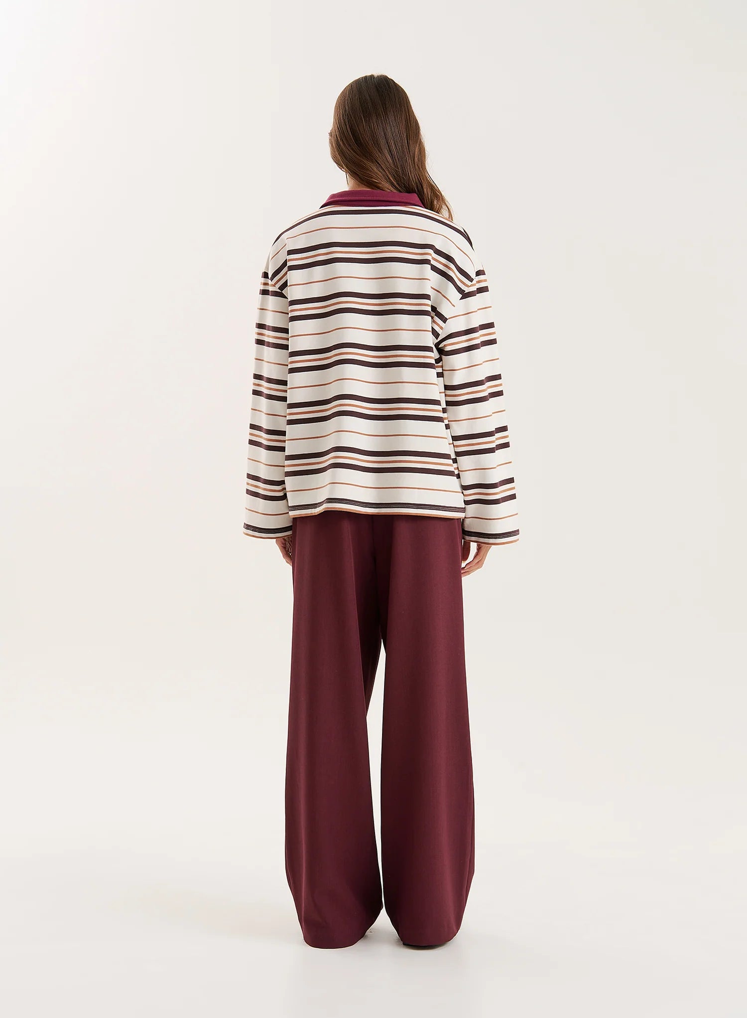 Cream And Chocolate Stripe Contrast Collar Rugby Top