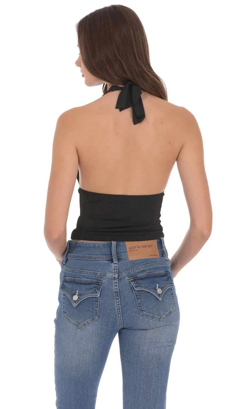 V Neck Halter Top in Black