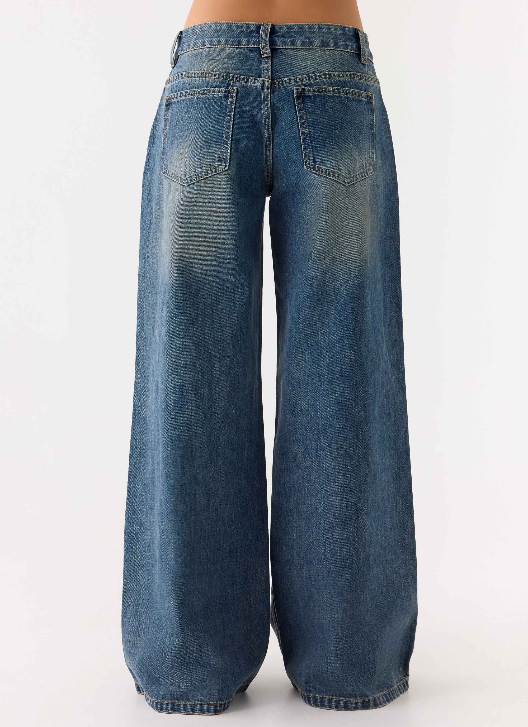 Neo Low Rise Wide Leg Denim Jeans Vintage Blue Bleach Wash