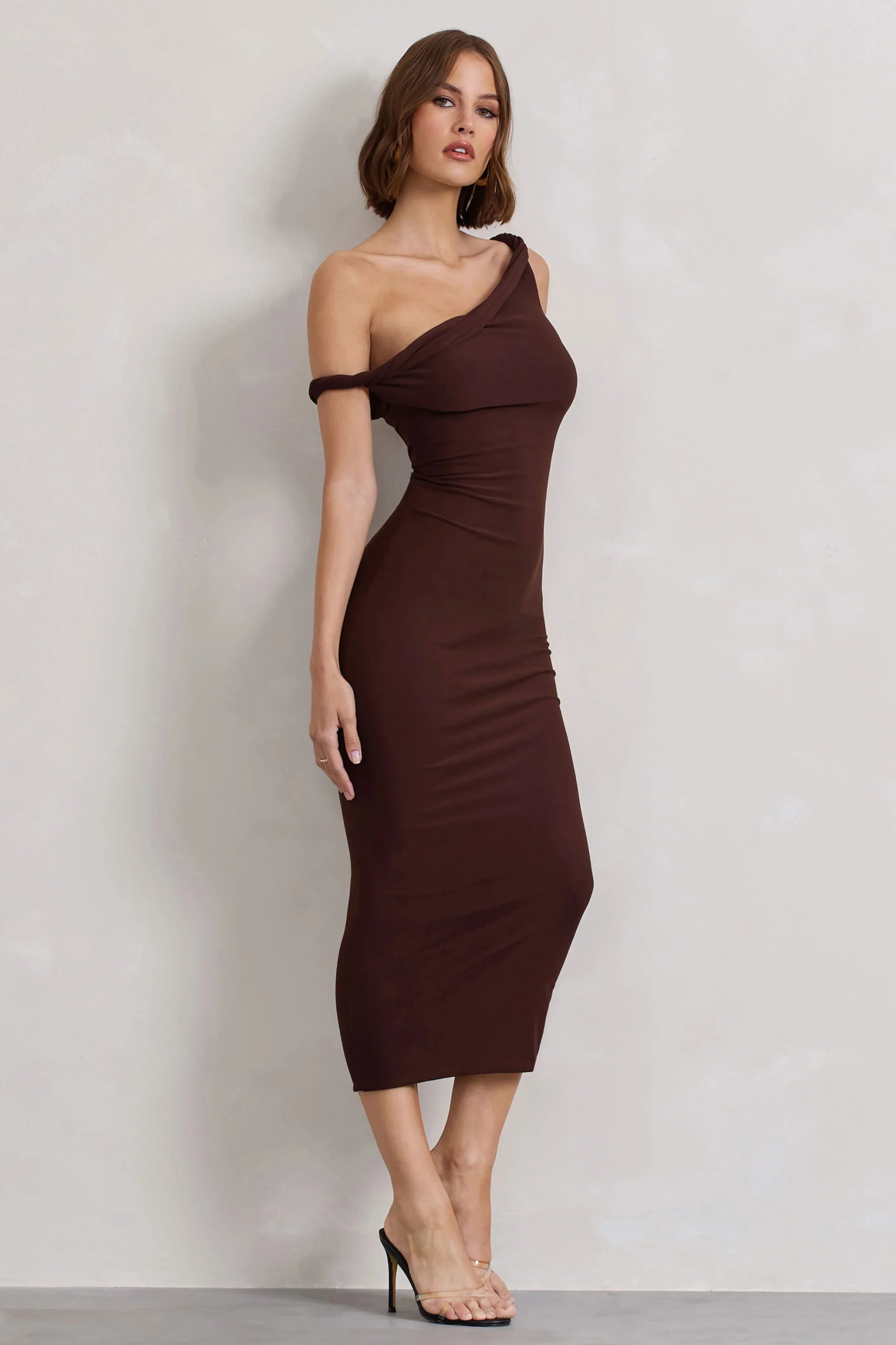 Salome Chocolate Brown Twisted Asymmetric Midi Dress