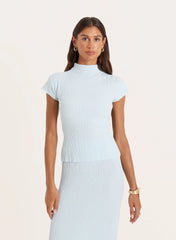 Blue Textured Fine Knit High Neck Top