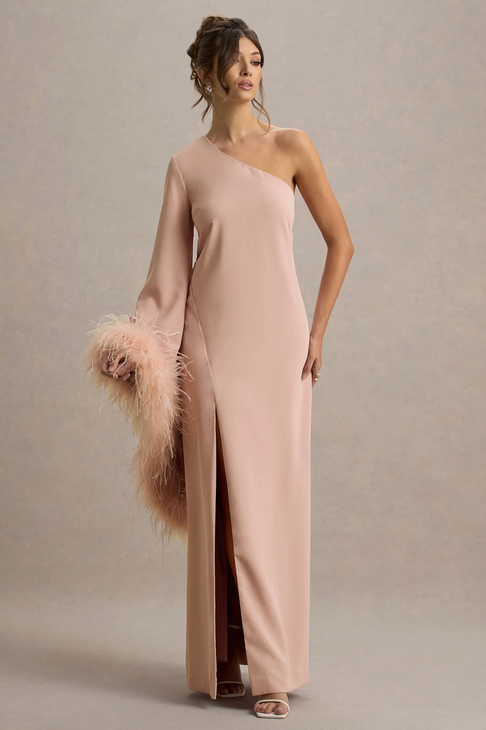 Armina Blush Pink One Shoulder Feather Trim Maxi Dress