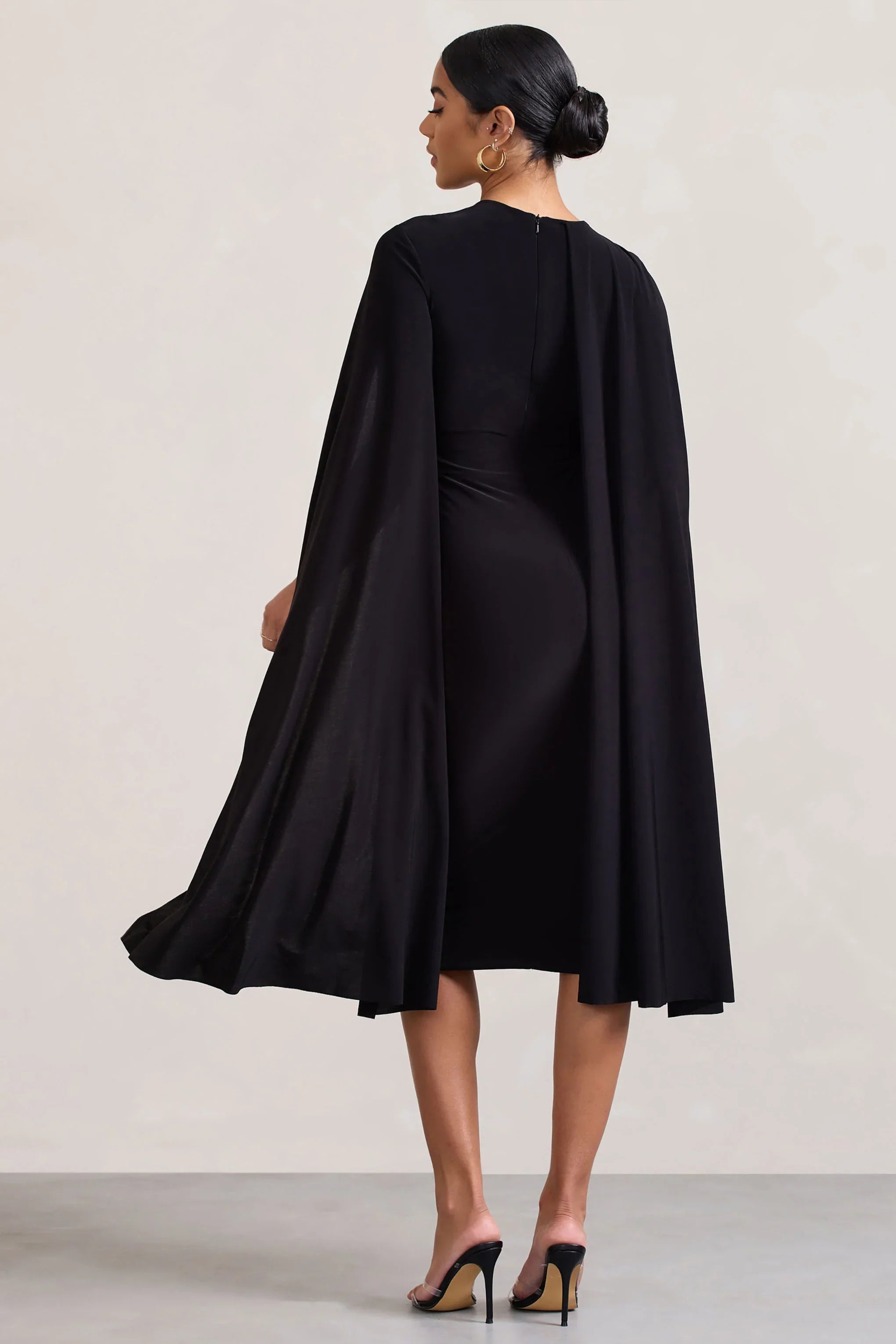 Marysol Black Asymmetric Cape Midi Dress