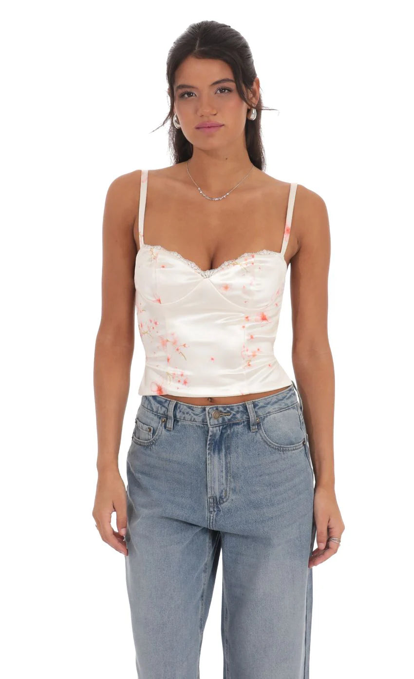 Floral Satin Open Back Tie Top in Cream