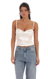 Floral Satin Open Back Tie Top in Cream