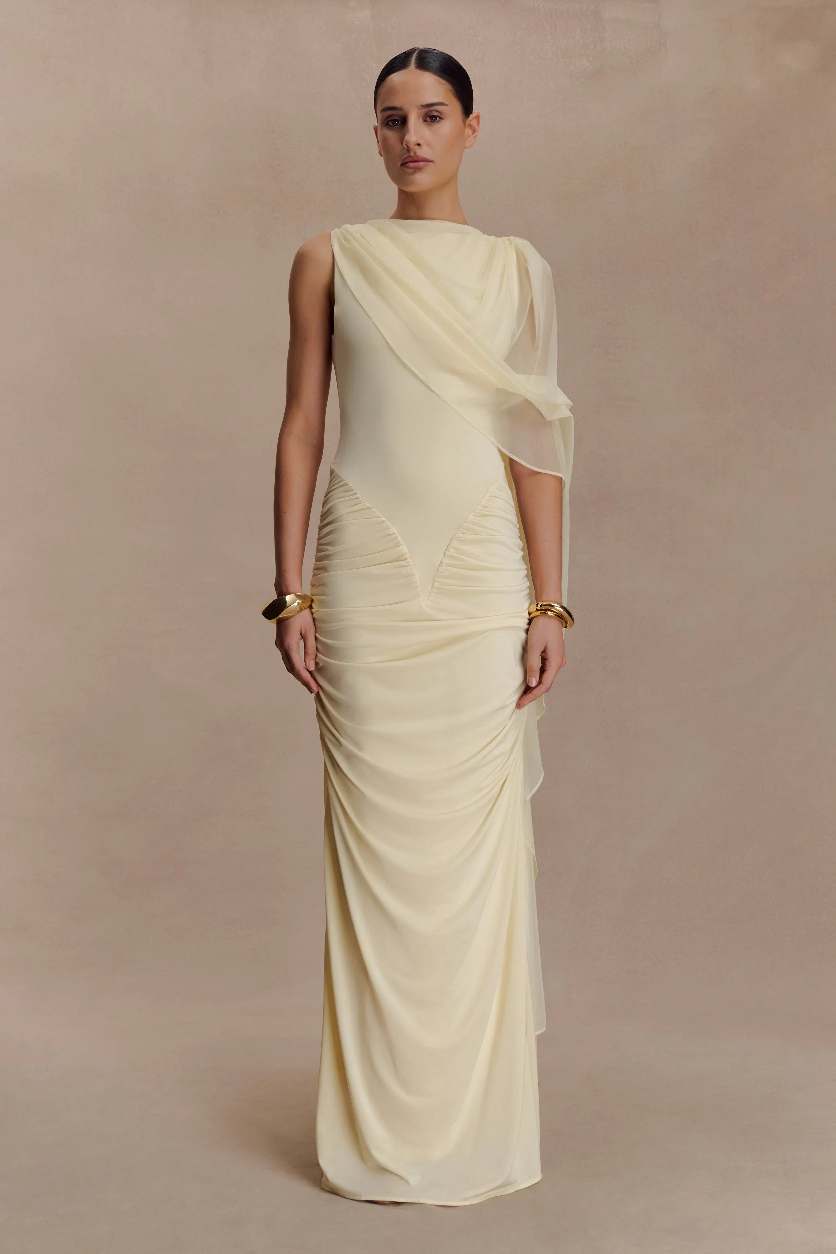 Amandine Ruched Slinky Maxi Dress Lemon