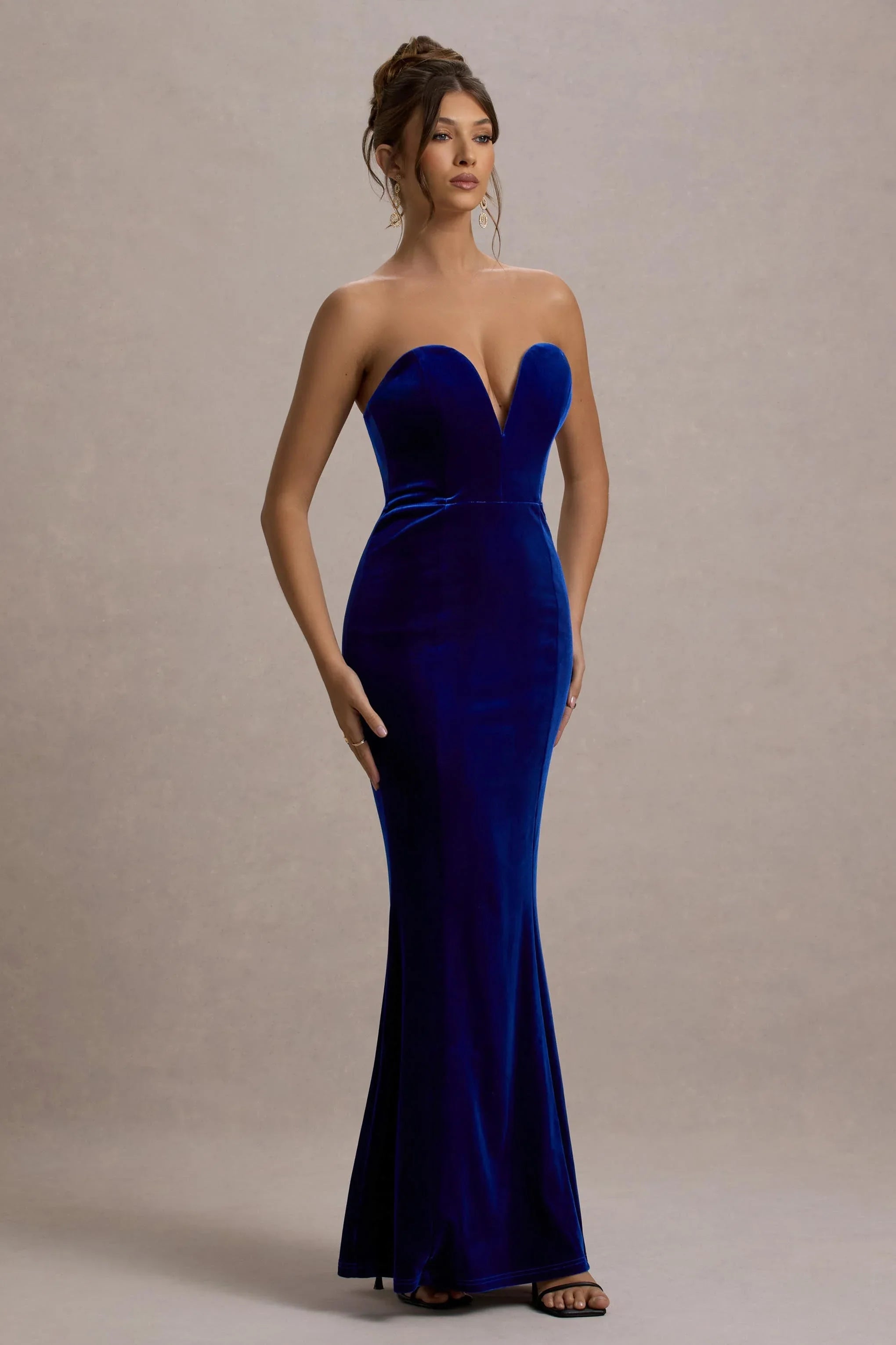 Pacifica Cobalt Velvet Plunge Neck Strapless Maxi Dress