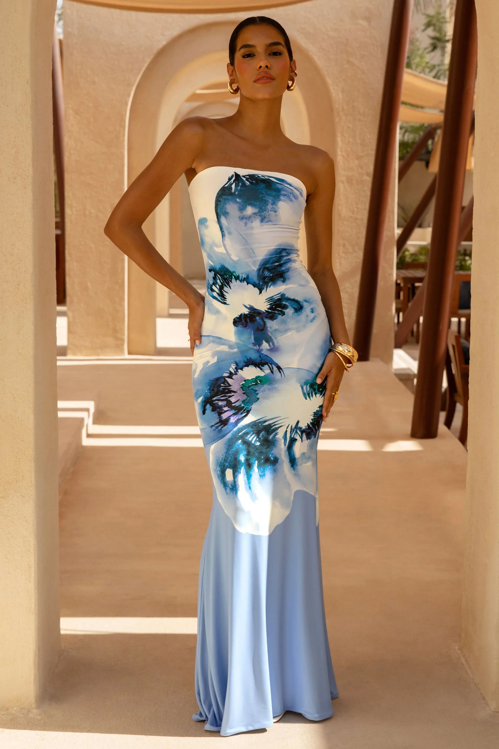 Ceremony Large Blue Floral Print Bandeau Fishtail Maxi Dress