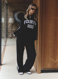 Black Velour Constrast Stripe Wide Leg Jogger