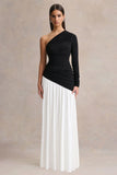 Danila Black And White Asymmetric Neck Maxi Dress With Drop Waist