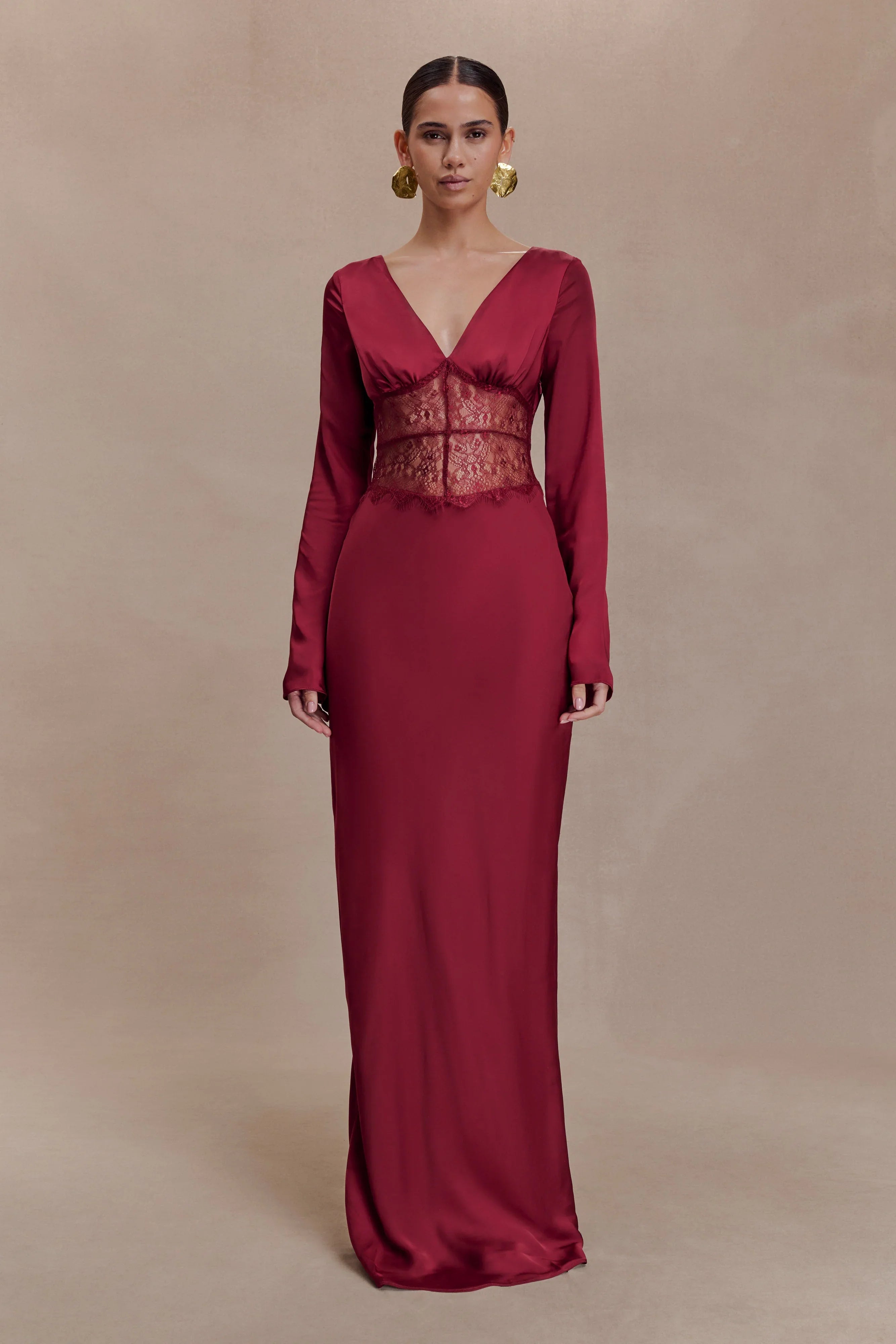 Kaya Long Sleeve Satin And Mesh Maxi Dress Wine