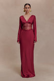 Kaya Long Sleeve Satin And Mesh Maxi Dress Wine