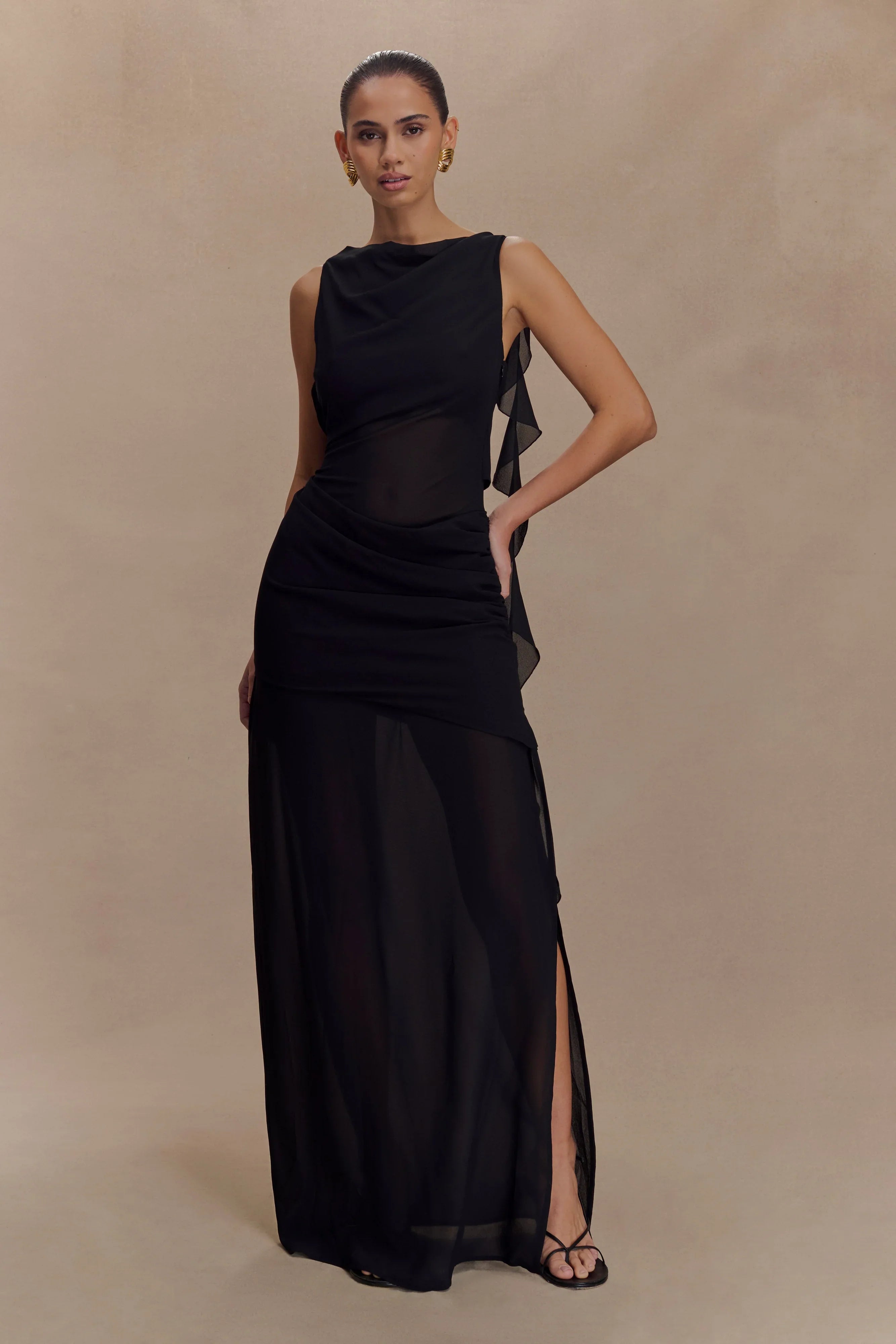 Daria Draped Chiffon Maxi Dress Black