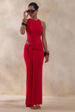 Neile Red Crew Neck Maxi Dress With Cut Out and Sash Details