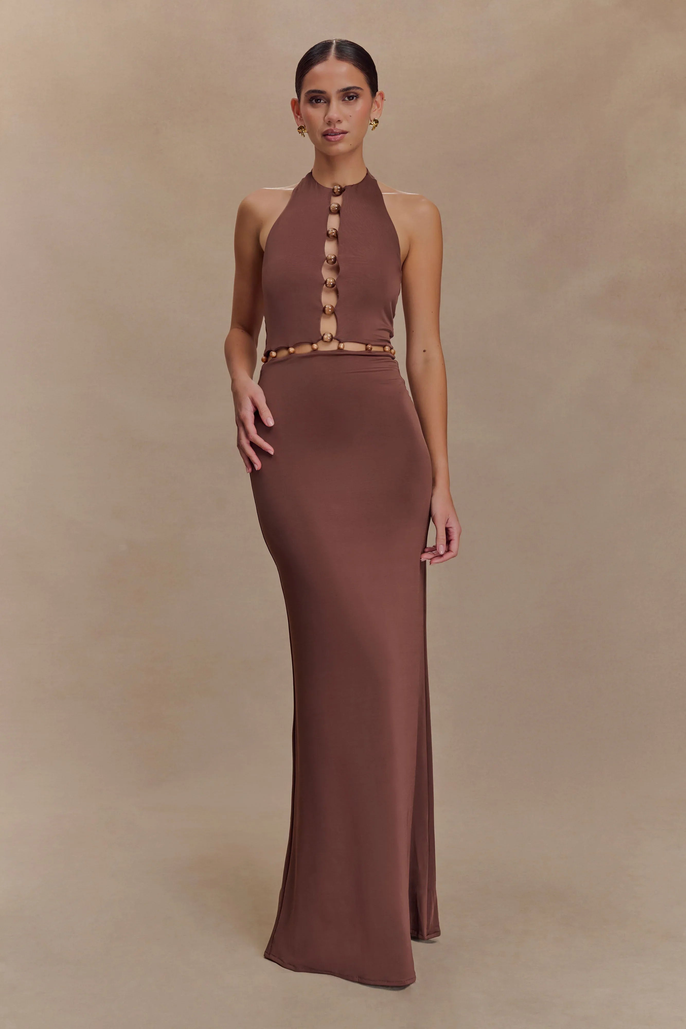 Albion Beaded Slinky Maxi Dress Chocolate
