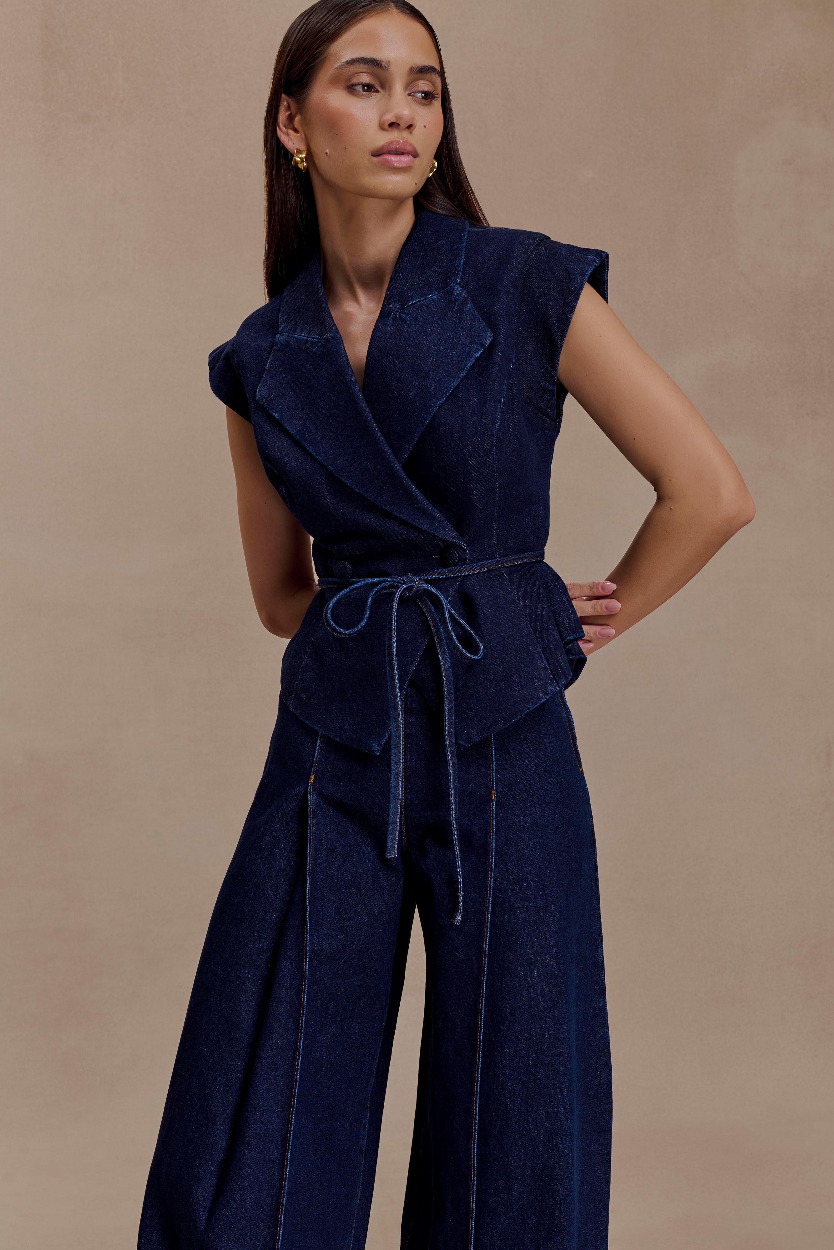 Charley Structured Tie Denim Top Indigo Blue