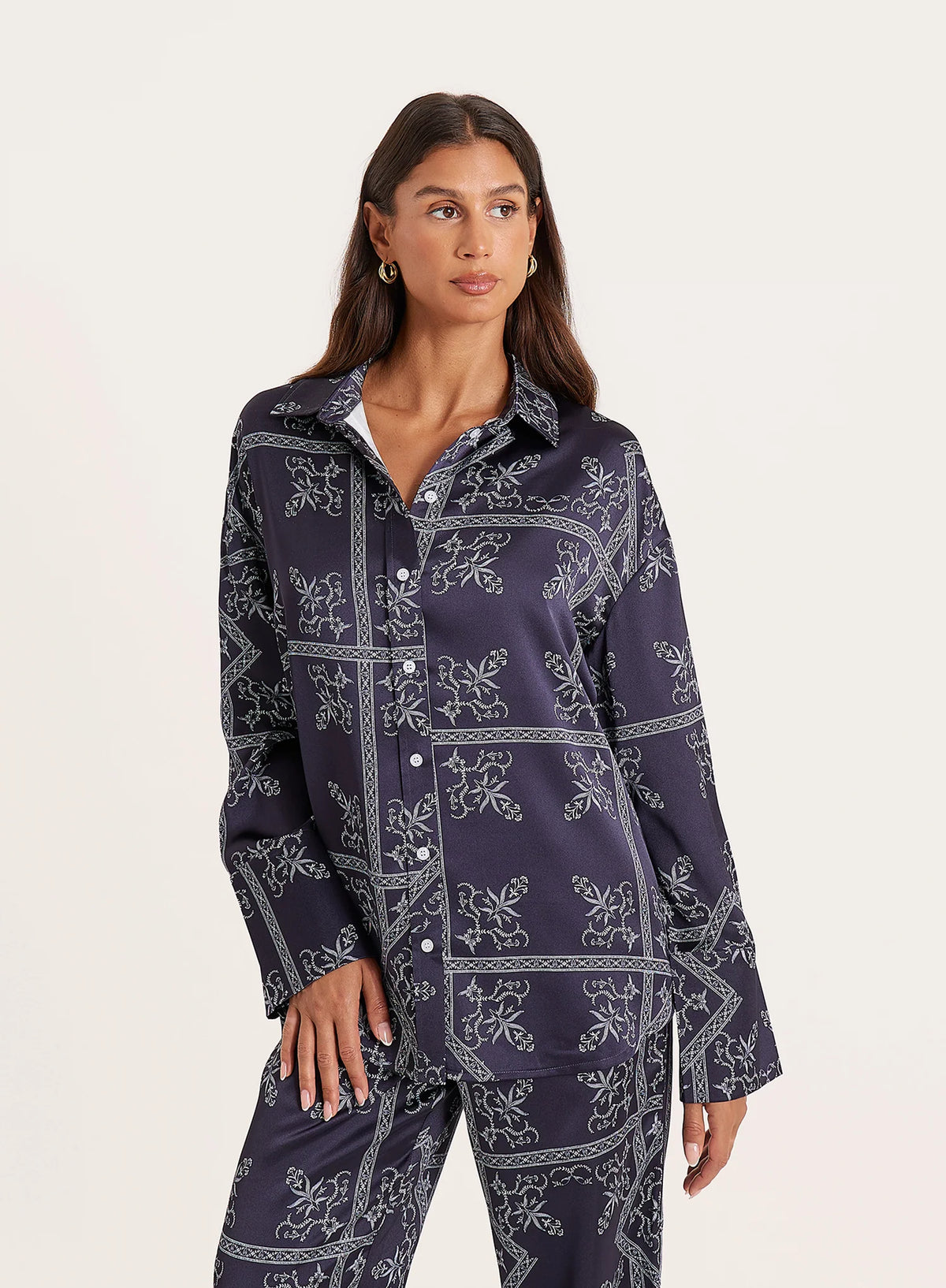 Navy Paisley Print Satin Shirt