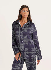 Navy Paisley Print Satin Shirt