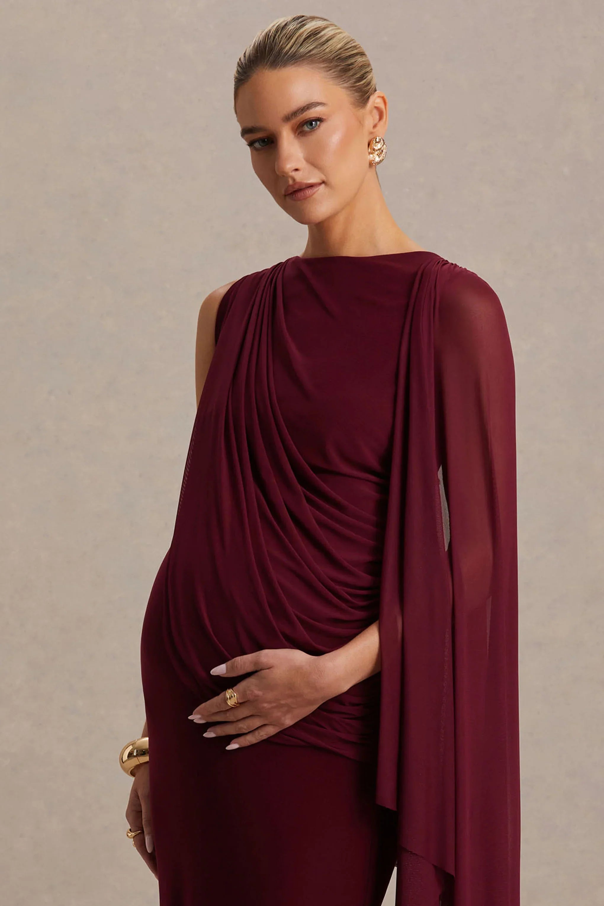Cristina Burgundy Slashed Neck Maternity Maxi Dress With Cape Sleeve