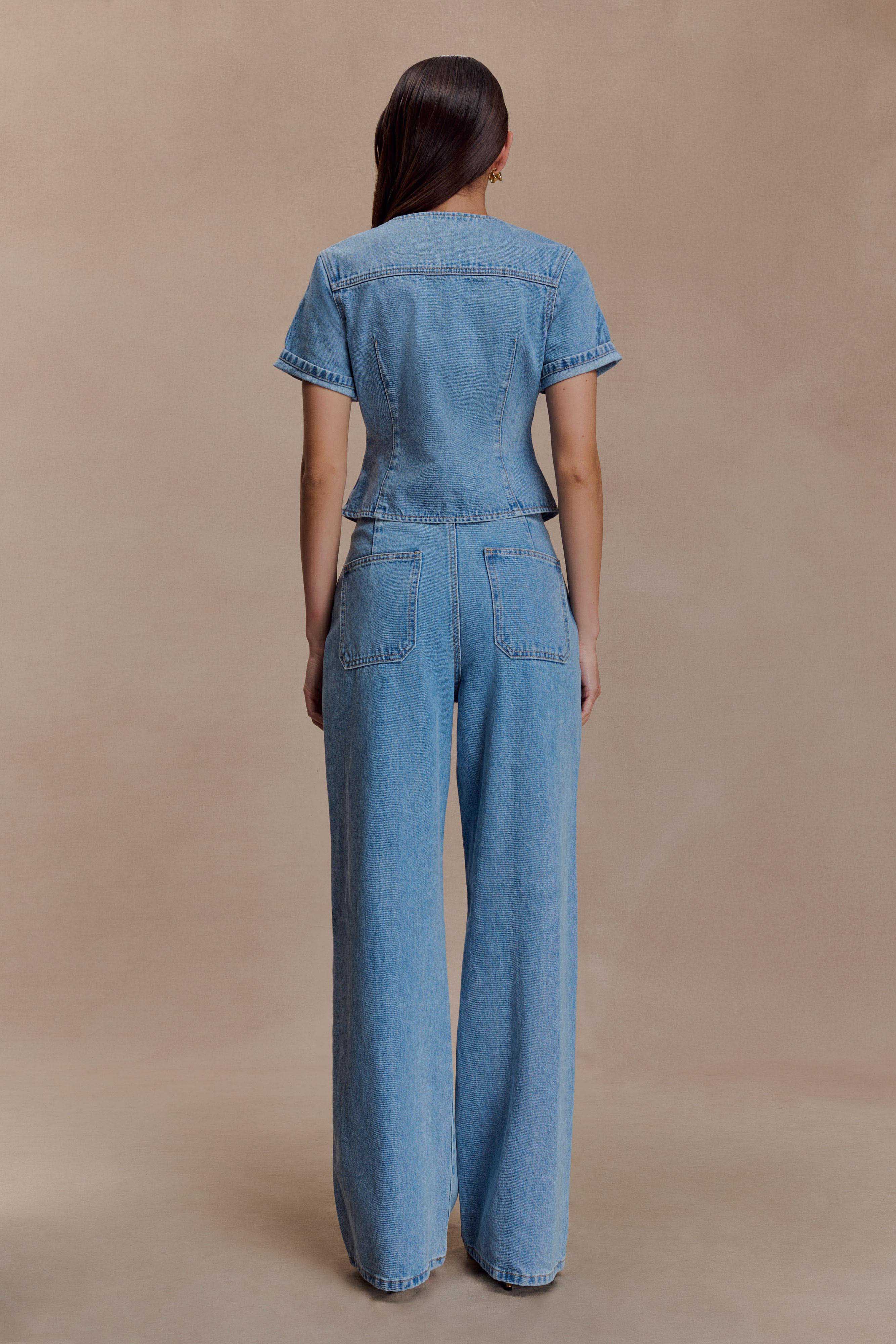 Marge Fitted Denim Short Sleeve Top Classic Blue