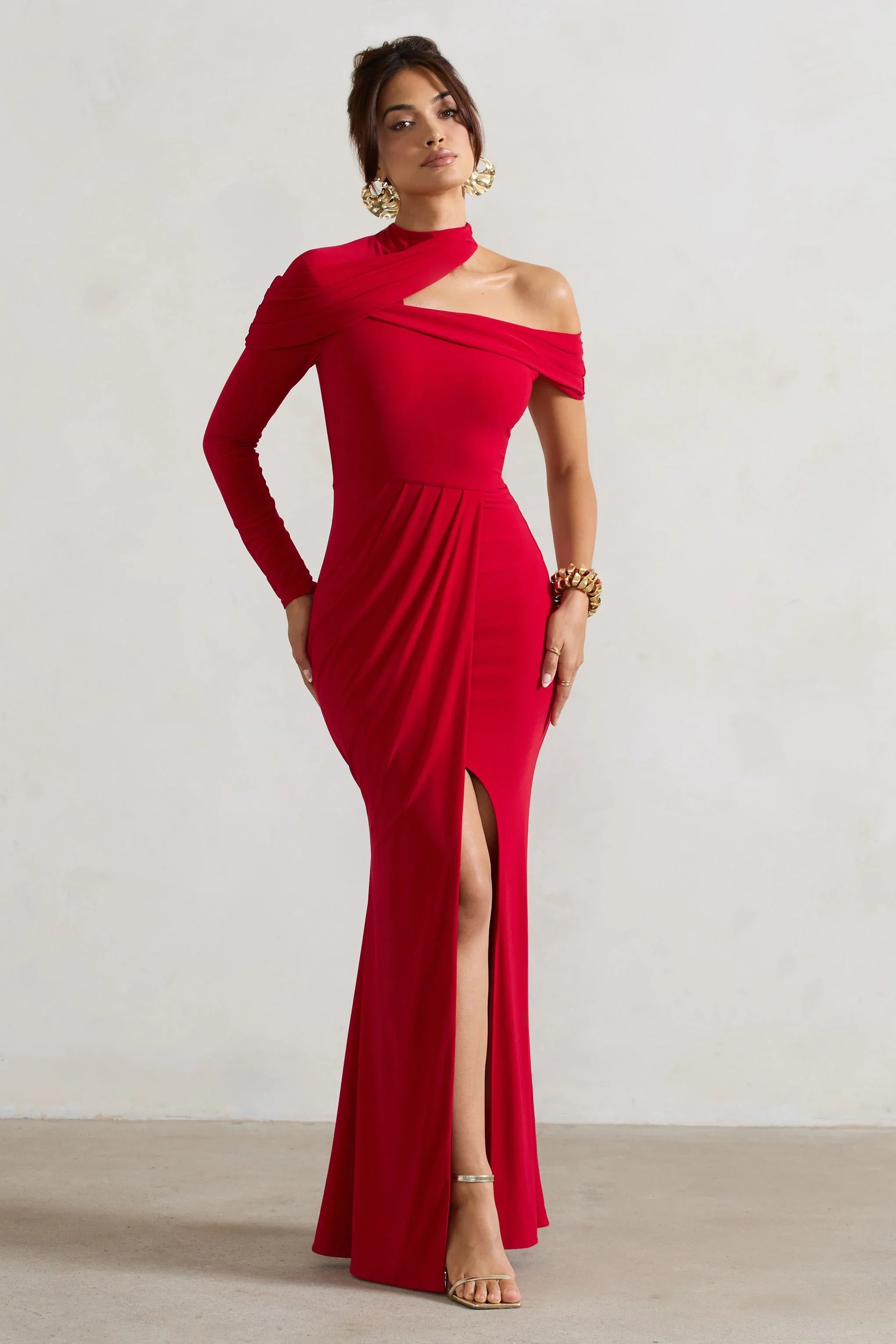 Tyla Red Asymmetric High Neck Split Maxi Dress