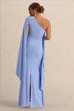 Shanae Light Blue Asymmetric Neck Maternity Maxi Dress With Cape Sleeve And Gathered Detailing