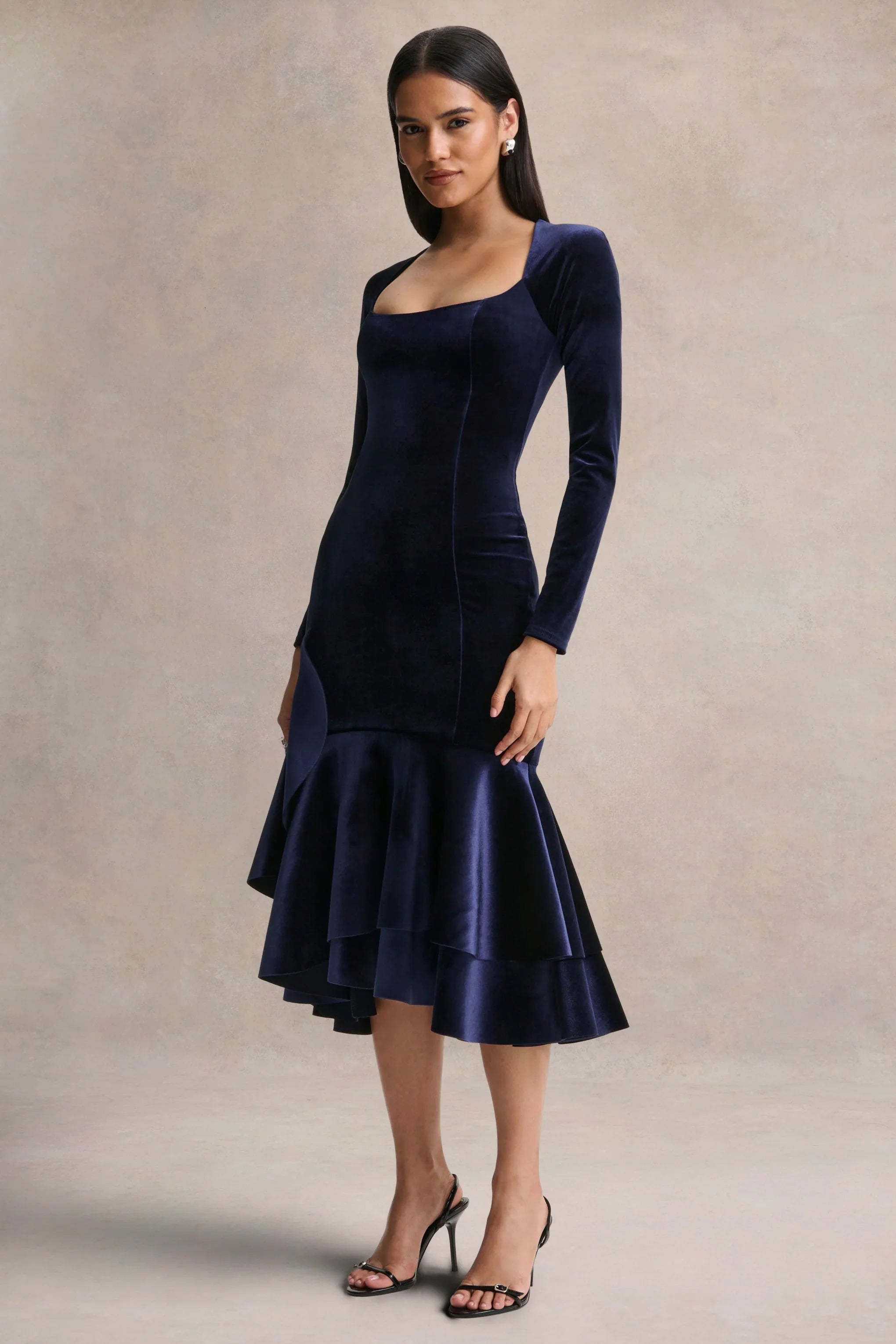 Emberlyn Navy Velvet Scoop Neck Fishtail Midi Dress