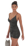 Shimmer Ruched Cross Back Dress in Black
