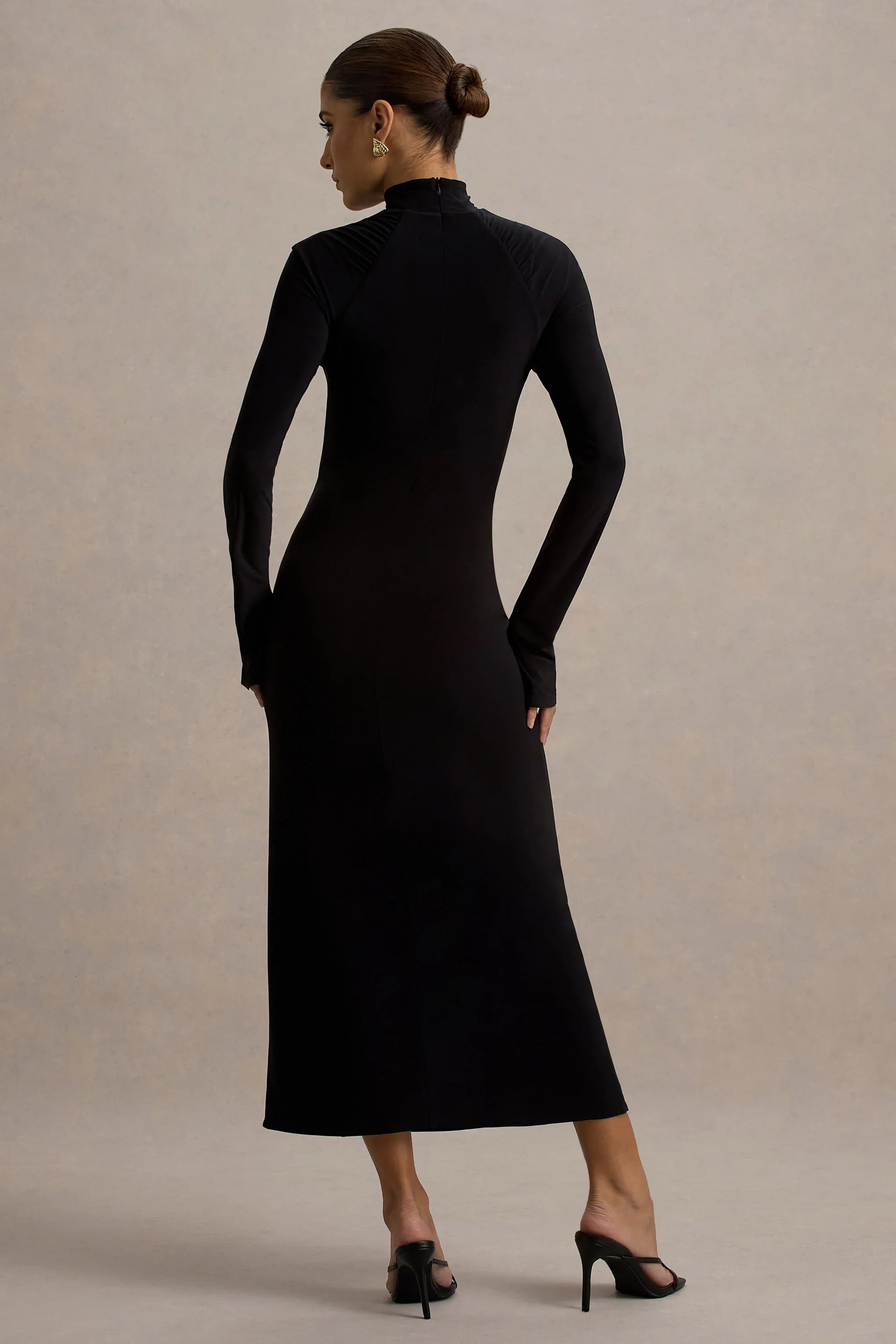 Cassandra Black High Neck Long Sleeve Midi Dress