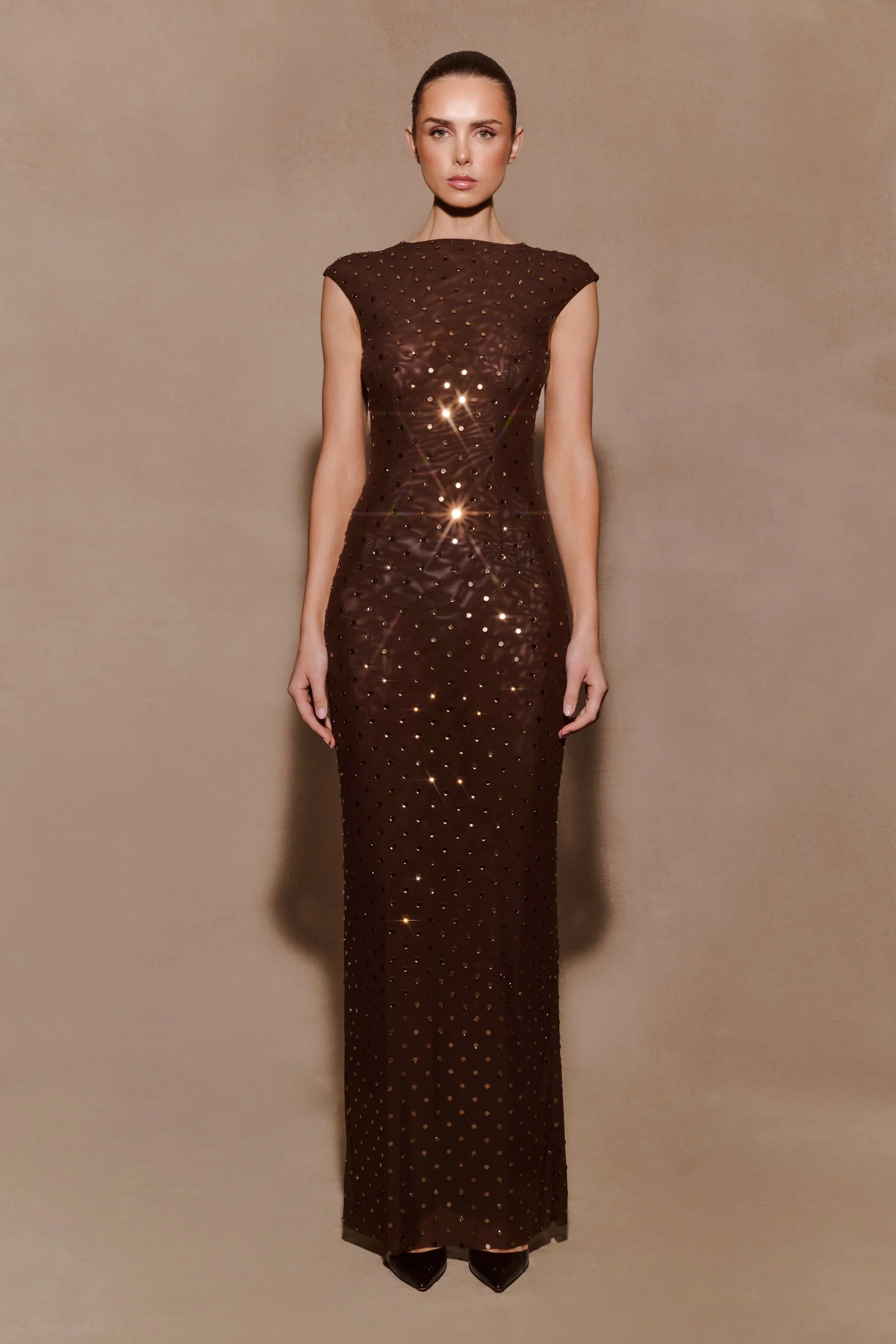 Samara Sleeveless Diamante Maxi Dress Chocolate