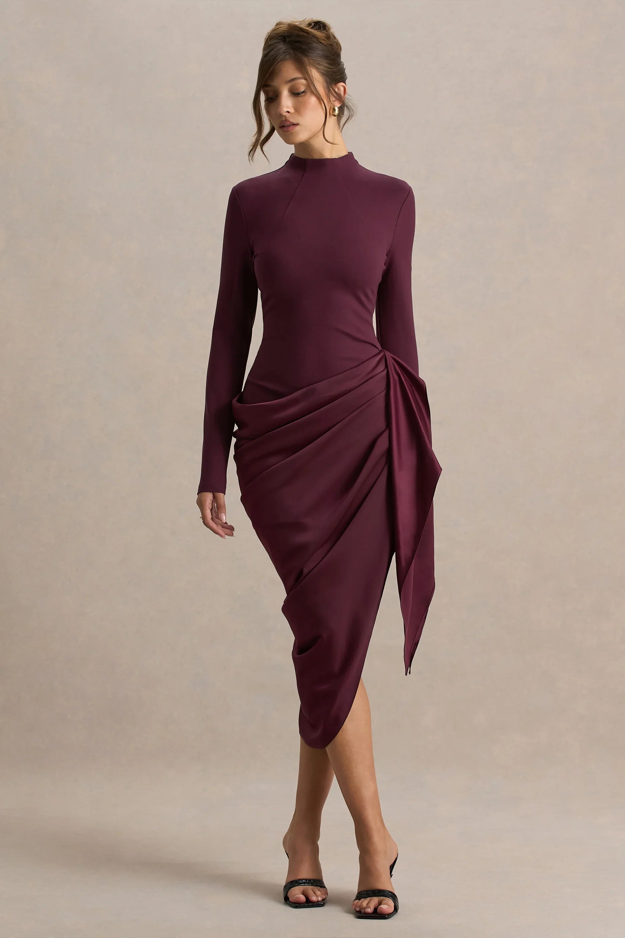 Raffie Plum Long Sleeve Midi Dress With Satin Wrap Skirt
