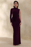 Oliria Dark Plum High Neck Maxi Dress With One Long Sleeve And Sash Detail