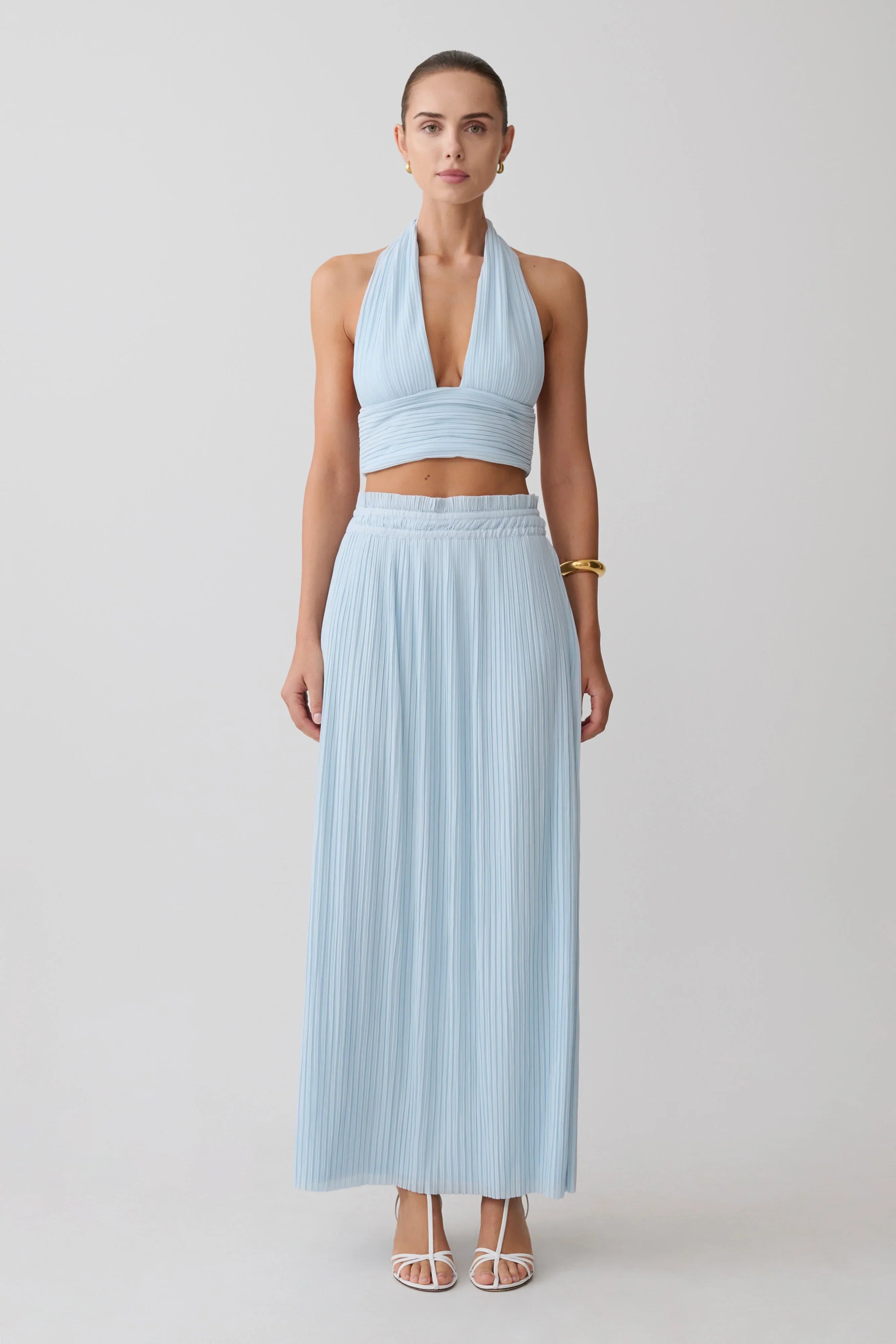 Amaris Sleeveless Plisse Halter Top Pale Blue