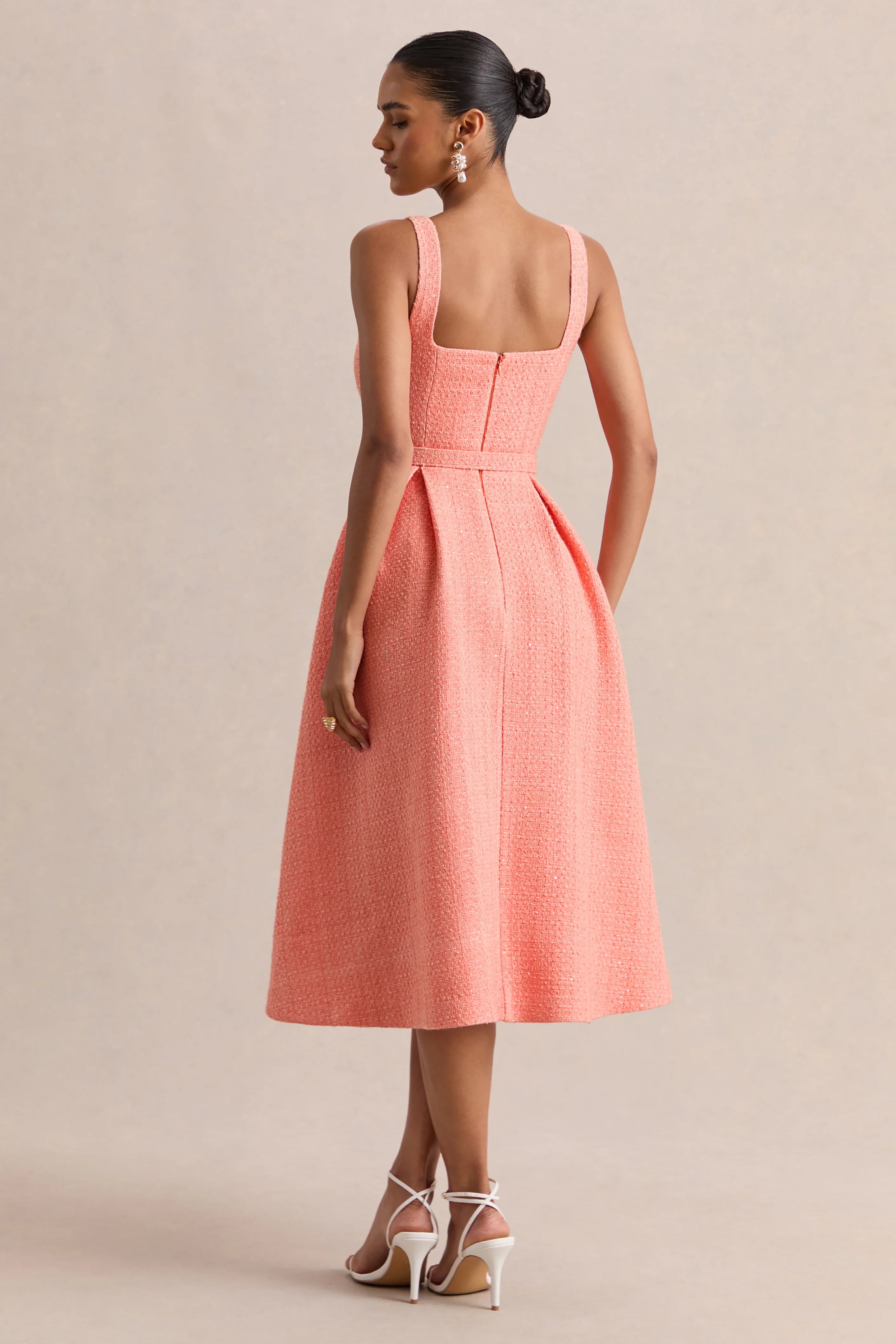 Camoria Coral Boucle Square Neck Midi Dress