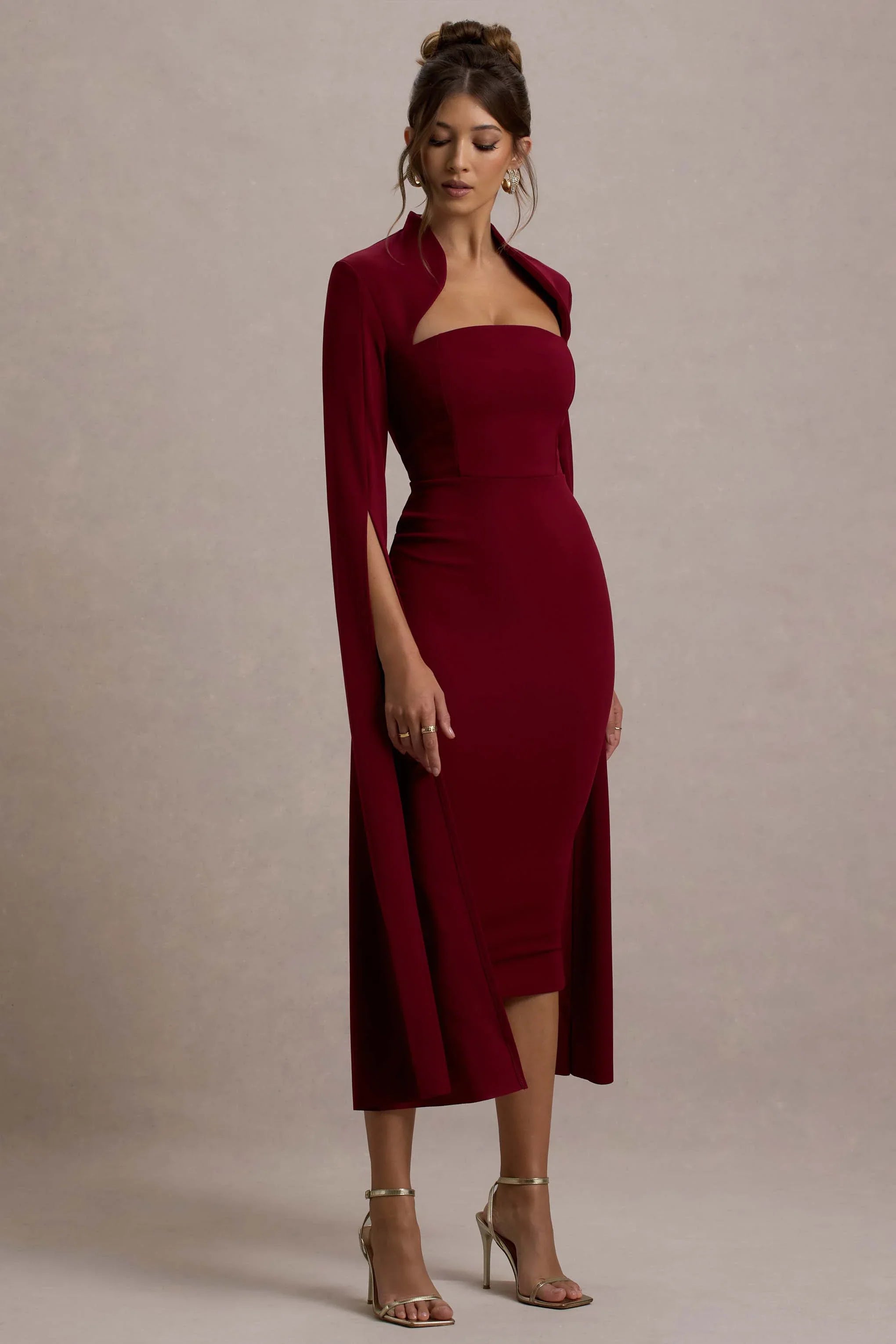 Linden Berry Bodycon Cape Sleeve Midi Dress
