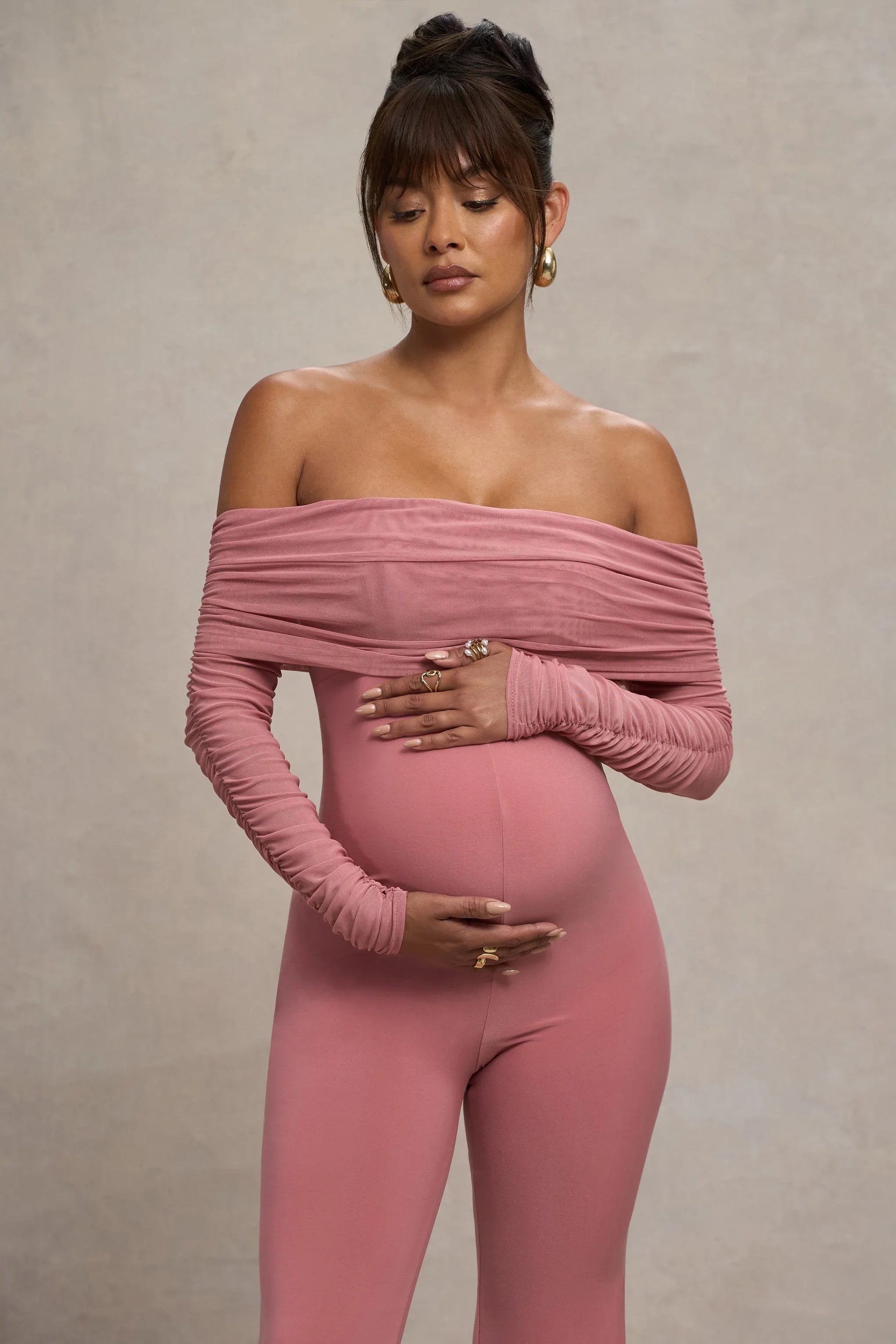 Count Down Blush Pink Maternity Ruched Mesh Bardot Jumpsuit