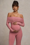 Count Down Blush Pink Maternity Ruched Mesh Bardot Jumpsuit