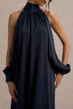 Baila Navy Satin High Neck Cape Sleeve Maxi Dress