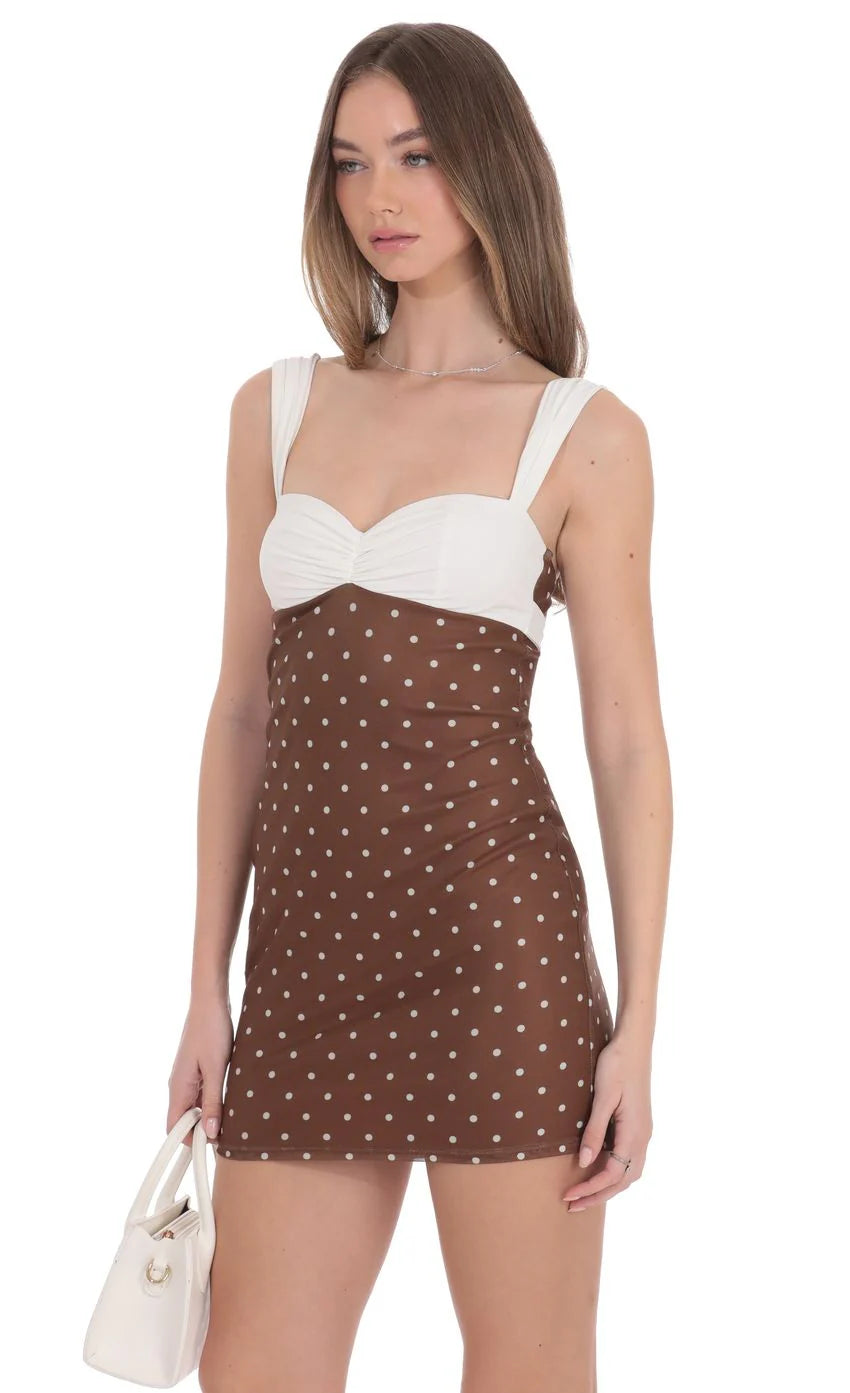 Two Tone Polka Dot Mesh Bodycon Dress in Brown