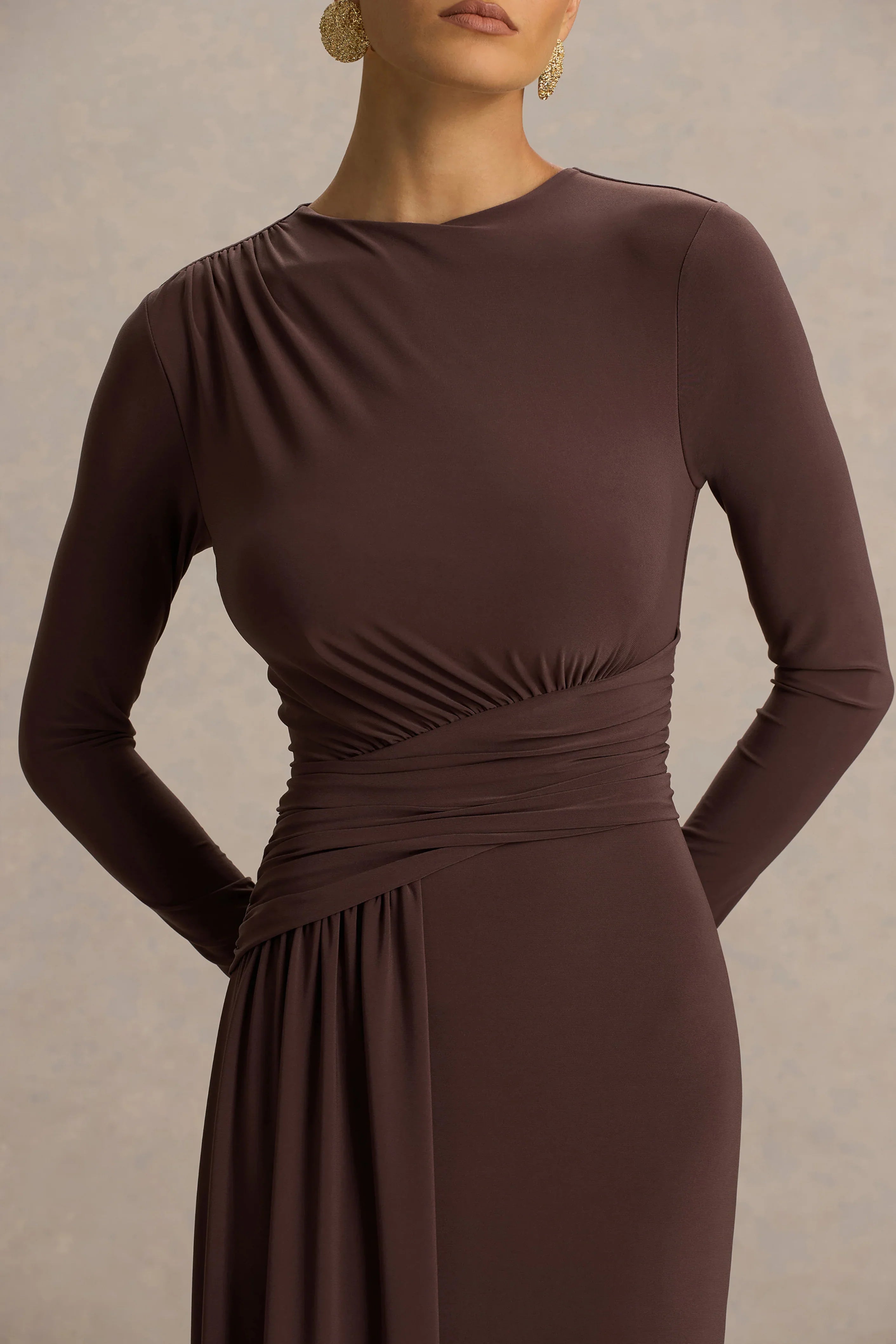 Virelle Brown Boat Neck Maxi Dress With Wrap Detail And Sash