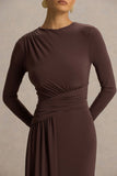 Virelle Brown Boat Neck Maxi Dress With Wrap Detail And Sash