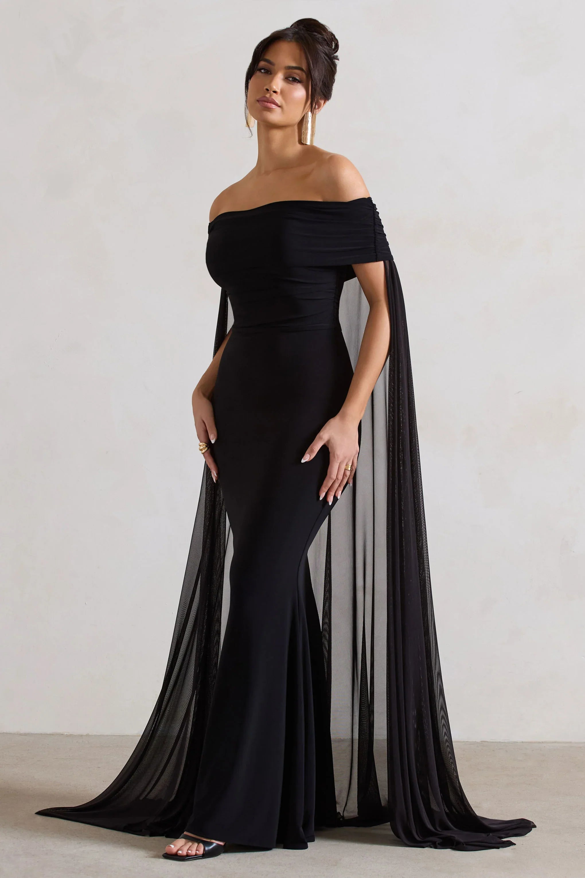 Carlotta Black Bardot Maxi Dress With Chiffon Cape